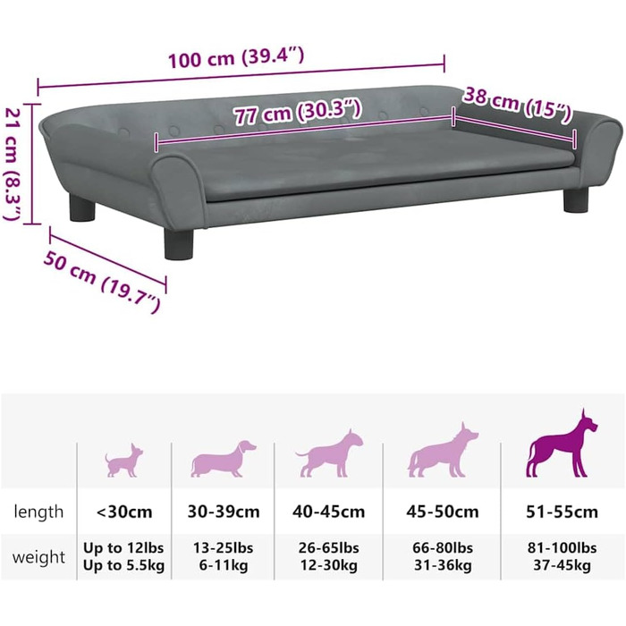 Крісло-ліжко для собак, м'яке ліжко для тварин, лежанка для маленьких собак та котів, лежанка для домашніх тварин, велюр (100 x 50 x 21 см, темно-сірий)