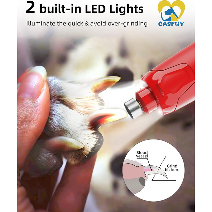 Електричний точило для кігтів собак Casfuy - 6 режимів, 45 дБ, з LED-підсвічуванням, для собак та котів великих, середніх та малих порід. Червоний