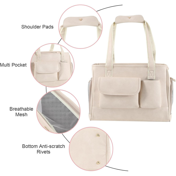 Сучасна переноска для тварин з екошкіри, біла, з кишенями, для котів та собак, схвалена авіаперевізниками