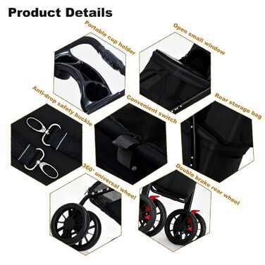 Подвійний візок для собак середніх та маленьких порід, котів, до 22,7 кг, універсальні колеса на 360°, легкий, складається в одну руку, для кошенят, цуценят, дитячий візочок для тварин (подвійний)