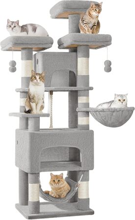 Кігтеточка для котів Hzuaneri, 176 см, XL, 3 платформи, 2 печери, 7 стовпчиків, гамак, плюшеві кульки, для багатокотових сімей, MS17618SG (Світло-сірий)