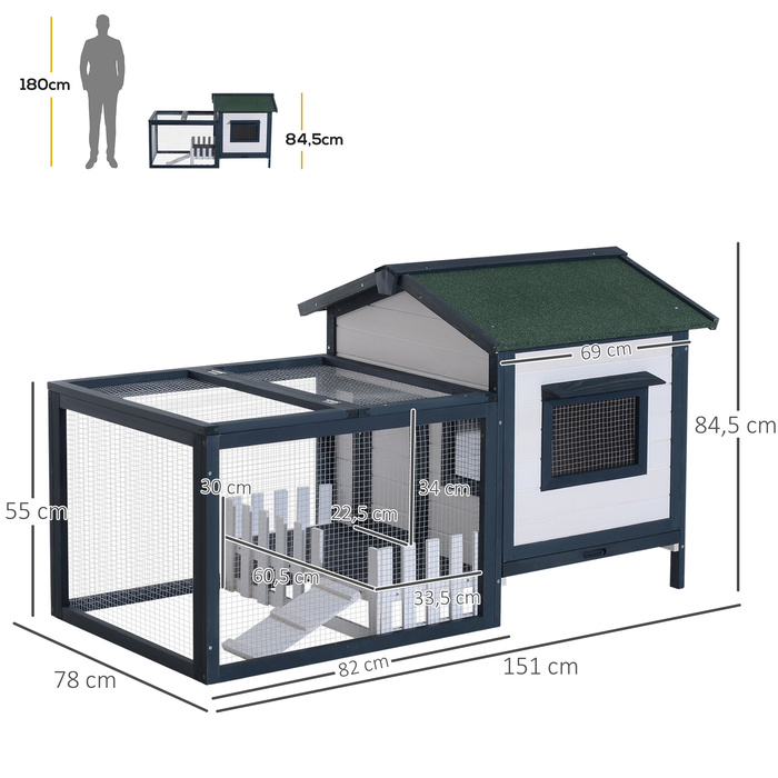 PawHut Клітка для кроликів та інших дрібних тварин 151x78x84,5 см з вольєром та рампою зеленого та білого кольорів для щасливих домашніх улюбленців