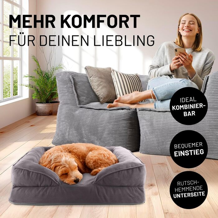 Ортопедичне собаче ліжко Lumaland з корду | Собаче ліжко-софа 70x60 см - для маленьких собак | Нековзне дно | Знімний, пральний чохол та наповнювач | Корд, Memory Foam - Сірий колір 70 x 60 см - Розмір S