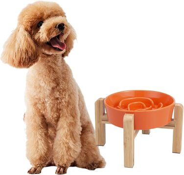 Антислизька годівниця для собак, кераміка, піднята - годівниця для собак на бамбуковому підставці, для повільного годування, для маленьких та середніх собак, білий, діаметр 17 см