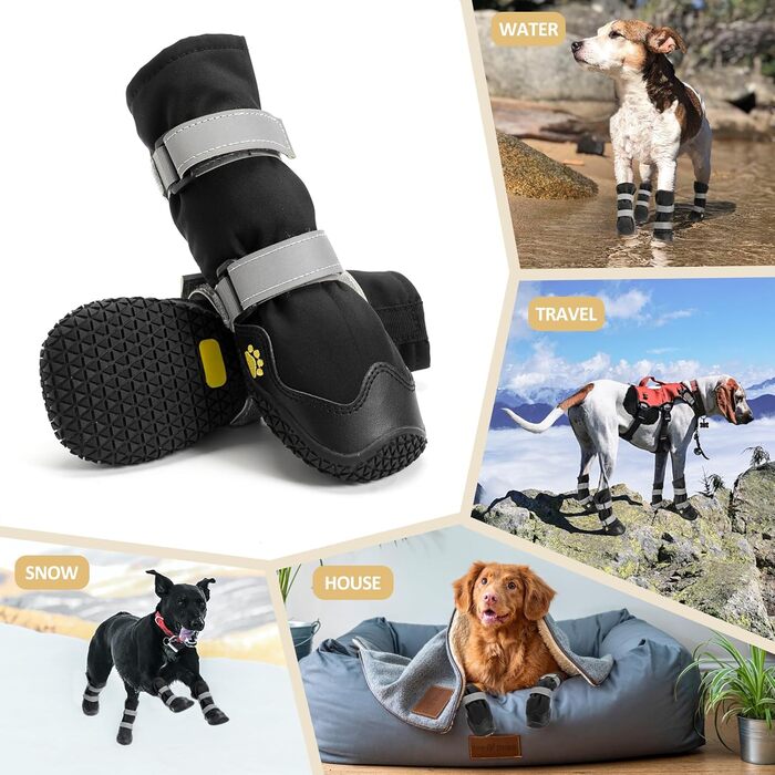 Водонепроникні собачі чоботи з неслизькою підошвою та світловідбиваючими смугами. Чоботи для собак з міцної шкіри та гумової підошви, захист лап для собак маленьких, середніх та великих порід. 4 шт. (Розмір L, Чорний)