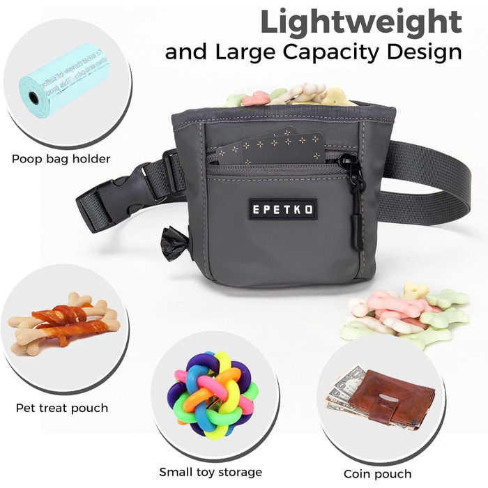 Сумка для ласощів для собак з металевим кліпом для ременя, міцна застібка-магніт, велика місткість, диспенсер для пакетів для екскрементів (темно-сірий)