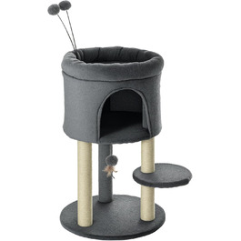 Драбина для котів PawHut 73,5 см з будиночком та іграшкою, сітка з сизалю, котячий комплекс сірий+кремовий