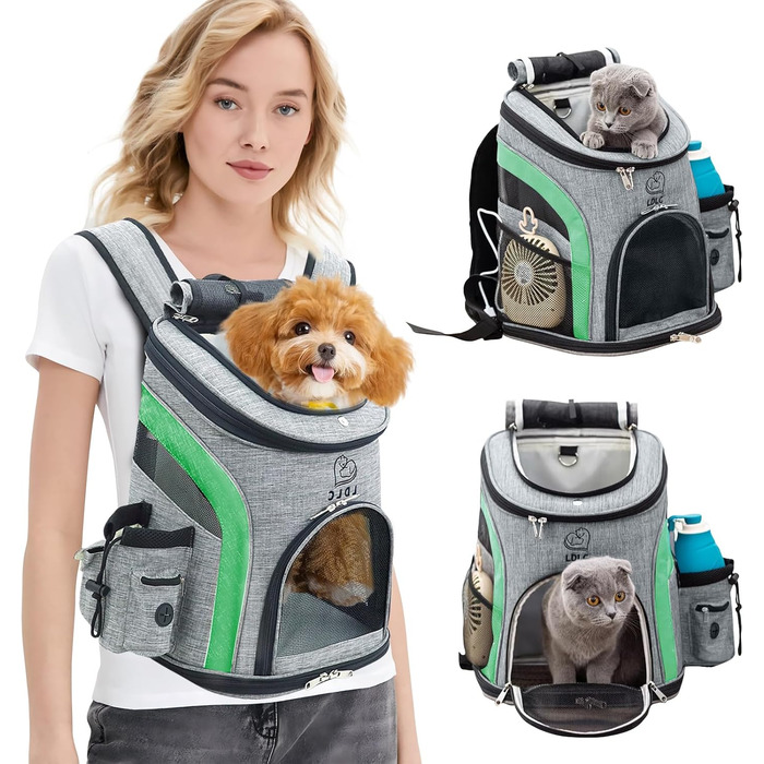 PETCUTE Рюкзак для собак та котів, дихаючий, з внутрішнім ременем безпеки, регульований, з бічними кишенями, для подорожей, прогулянок, зеленого кольору