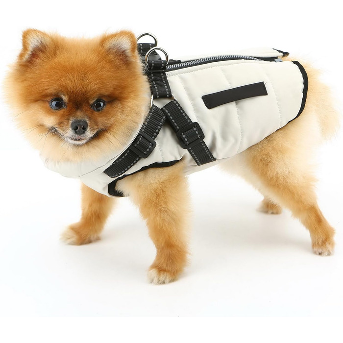 Теплий халат для тварин SMALLLEE_LUCKY_STORE з підкладкою з флісу, спортивна зимова куртка, жилет з повідком, D-подібний кільце, для маленьких собак та котів, світловідбиваючий, на блискавці, з підкладкою, чихуахуа, йоркширський тер'єр, (кремовий, L)