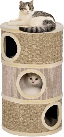 Кігтеточка PawHut для котів, 79 см, 3 яруси, з сизалевим мотузком, плюшева котяча печера, кігтешкребок для великих котів, бежево-коричневий, 45L x 45B x 79H см, з внутрішнім отвором