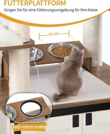 Драбина-кіготь для котів з туалетом, годівницею, 173 см, велика платформа, мотузка сизаль, гамак, знімний килимок, іграшки-кульки, білий та коричневий колір CB89014WT