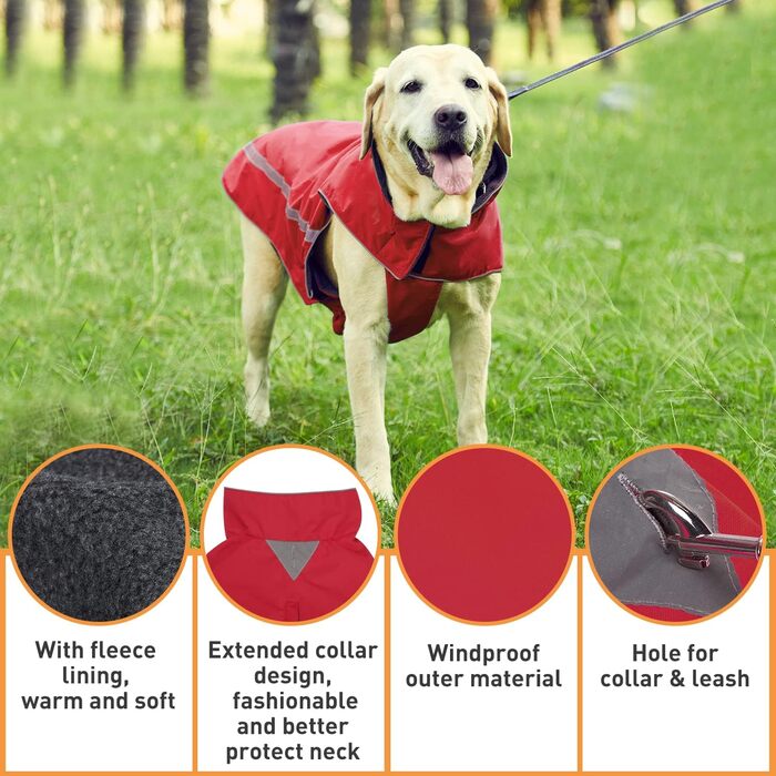 Водонепроникний собачий дощовик/куртка з отвором для коміра, на липучках, з флісовою підкладкою, світловідбиваючий зимовий дощовик для середніх та великих собак, 4XL (4XL (1 шт), Червоний)