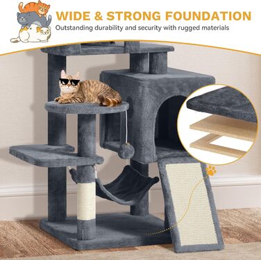 Кігтеточка YITAHOME XXL для котів, 137 см, сіра: 8 стовпів з сизалю, 3 платформи, 2 печери, гамак, іграшки