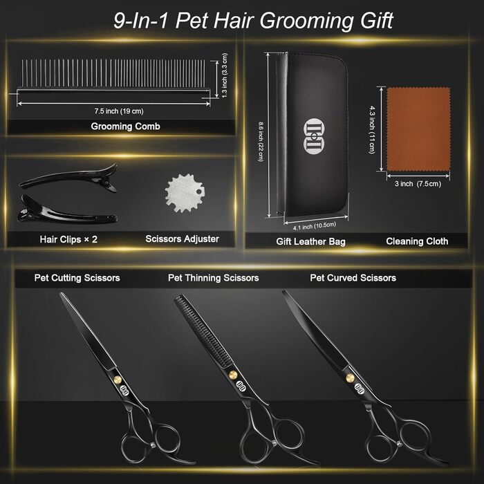 Набір професійних ножиць для грумінгу собак CIICII 10-в-1 з безпечними закругленими кінцями (для собак, котів, тварин). Підходить для стрижки, прорізування та формування шерсті. Срібно-чорний колір.