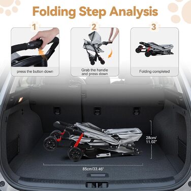 Складаний візок для тварин та дітей з обертовими колесами на 360°, кошиком для зберігання, міцним металевим каркасом та дихаючими сітчастими віконцями – портативний переносник для котів та собак до 22 кг (Сірий)