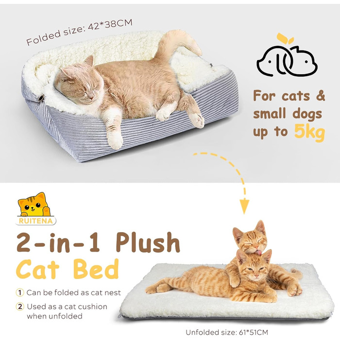 Самогріюче ліжко для котів Ruitena, 2-в-1, для котів та маленьких собак, миється, складається, килимок Pubby