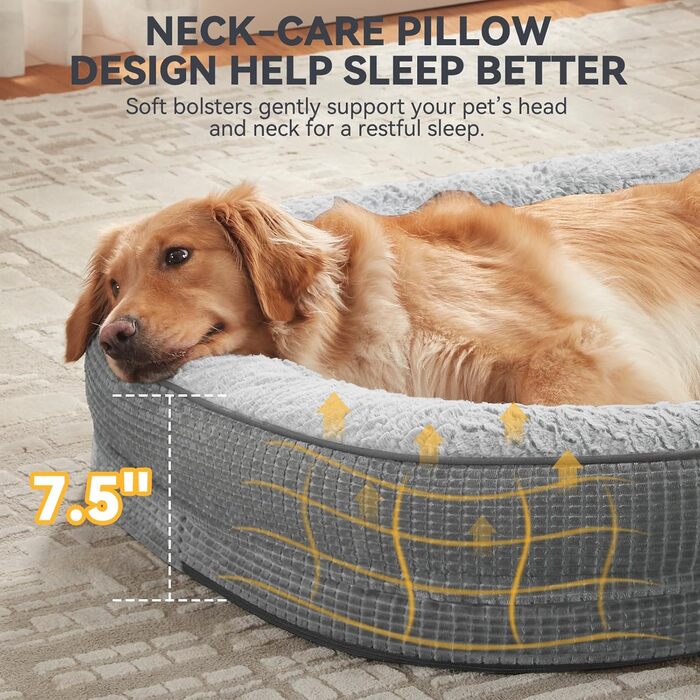 Ортопедичне ліжко для собак JOEJOY, диван для великих тварин, з підтримкою з піною з ефектом пам'яті, чотиристоронній валик для шиї, розмір M (28'x 23'x 6.5'), (XXL(48'x 35'x 7.5')), світло-сірий