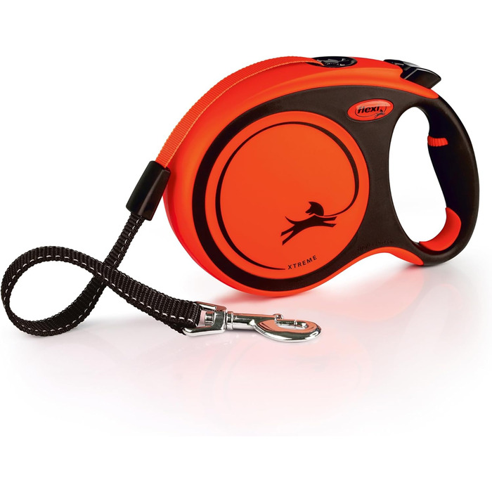 Рулетка для собак Flexi Xtreme L - міцна, 7.9 м, посилене гумове обплетення, світловідбиваючі елементи, регульована ручка, оранжево-чорний, Large
