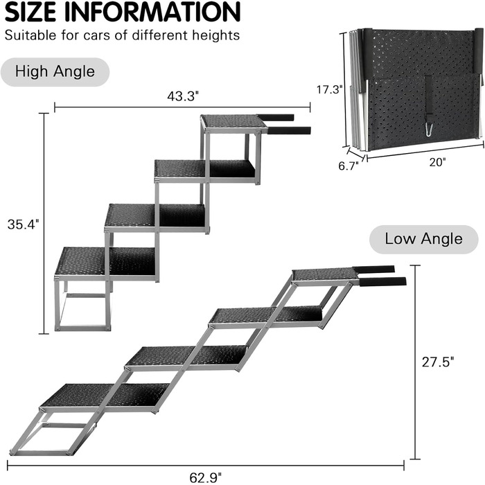 Рампа для собак у машину DGSL, широка, складна, з антиковзким покриттям, для великих собак, для SUV, ліжок, вантажівок, до 113 кг, чорна, 20 дюймів, 4 сходинки