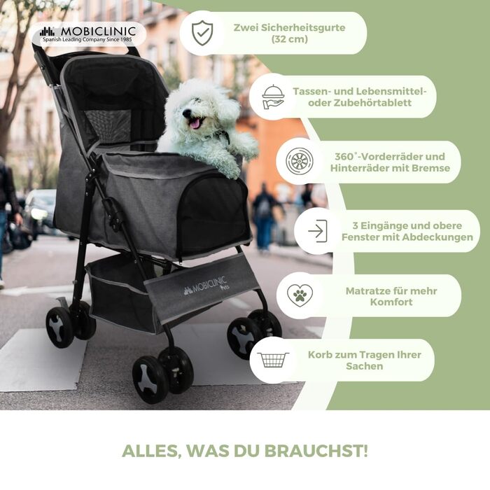 Візок для собак Mobiclinic® Pets, сірий, до 15 кг, з великим кошиком, 3 вікна, гачок для води, поворотні колеса з гальмом