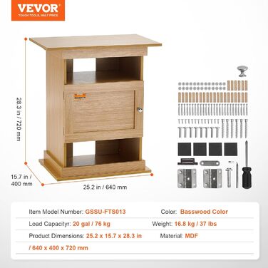 VEVOR акваріумна тумба 64x40x72 см для акваріума 20 галонів, тераріуму, рептилій, з шафкою, МДФ, вантажопідйомність 76 кг, колір світлого дерева