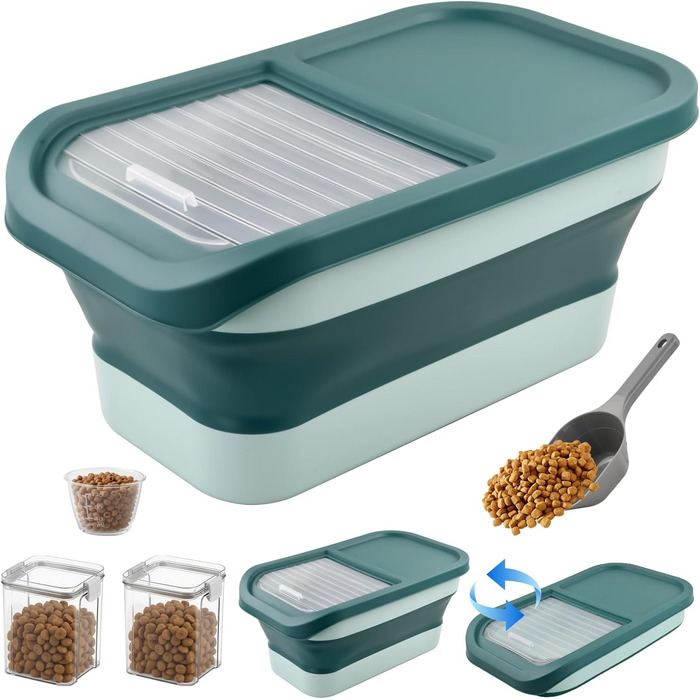 Контейнер для корму для собак та котів, 7 кг, зелений. Набір: 2 контейнери, мірна склянка, ложка