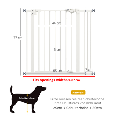 PawHut Door Gate Gate, Шлагбаум, 74-87 см, Сходові ворота для домашньої тварини, Ворота для собаки з розширенням, Захисні ворота без свердління, Метал, Пластик, Білий | Аосом