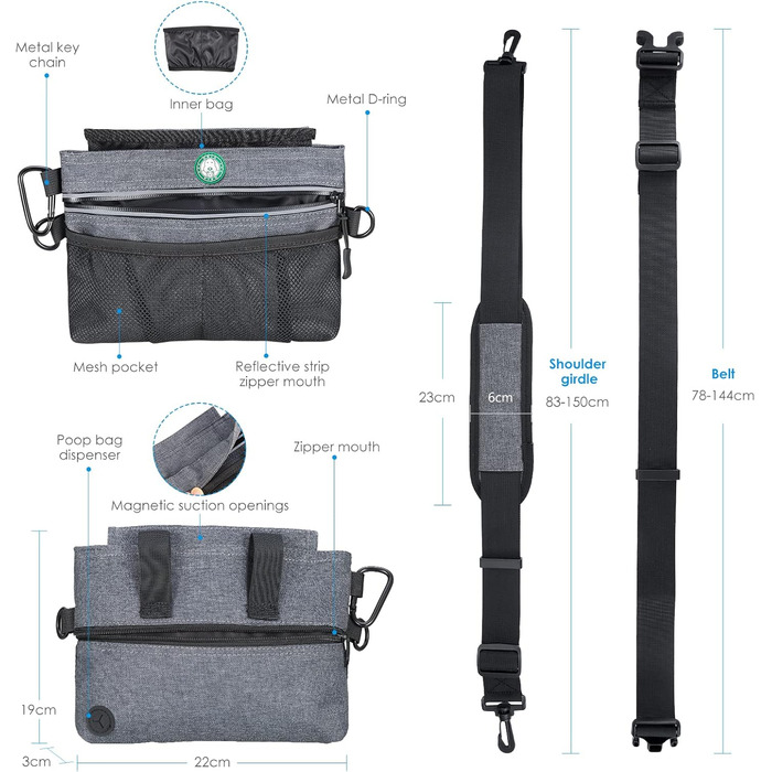 Сумка для ласощів для собак Brifit з магнітною застібкою, для тренувань, з регульованим поясом, знімною внутрішньою кишенею та дозатором для відходів, 22 x 19 x 3 см