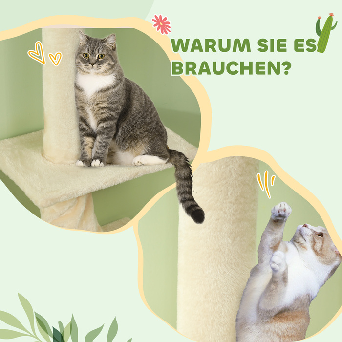 PawHut Драбина для котів, регульована висота 225-275 см, стійка основа, захист від перекидання, покриття з м'якого плюшу, кремово-білий