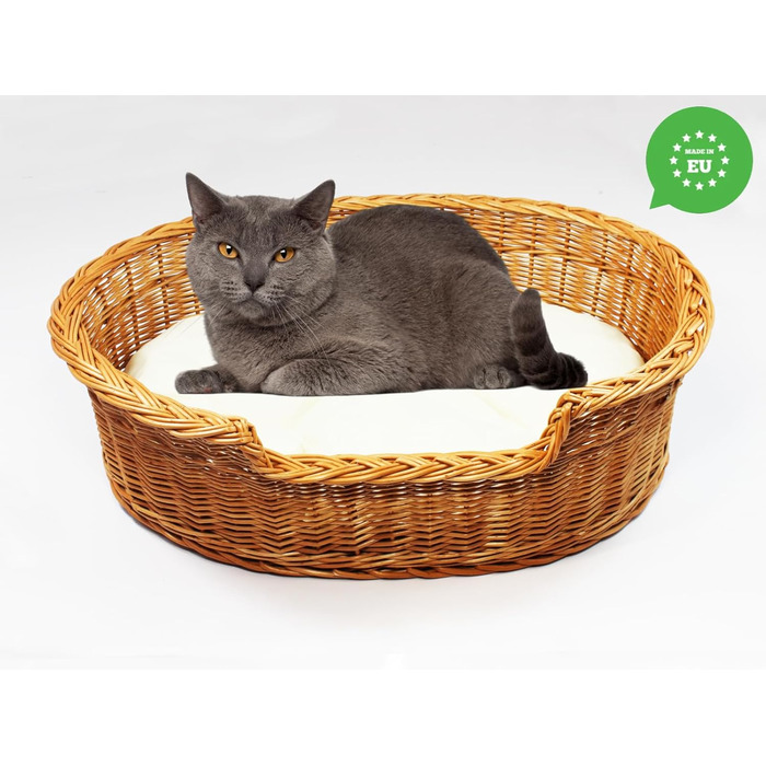 Плетене ліжко для собак та котів з лози, 43x28x10/14 см, з подушкою (47x32x15 см)