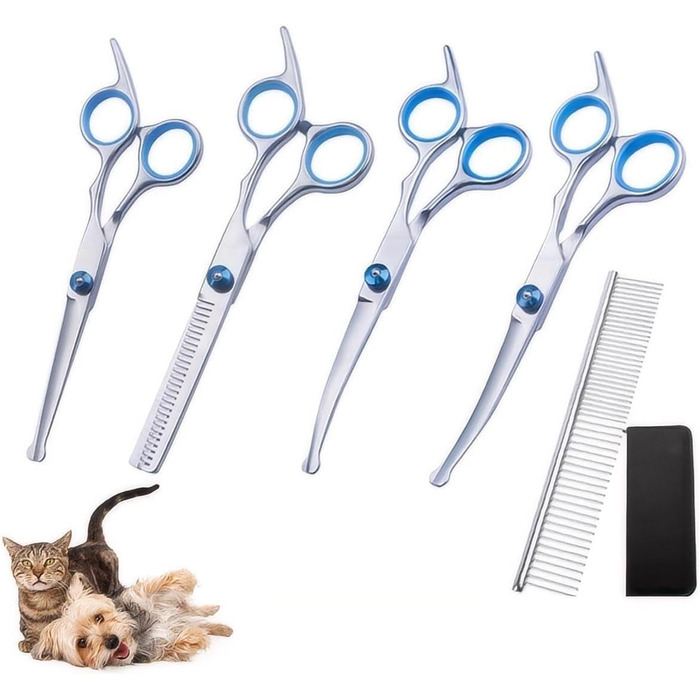 Набір професійних ножиць для собак, 5 в 1, з нержавіючої сталі, для грумінгу собак, котів та інших домашніх тварин. Включає: ножиці для фінішу, 2 вигнуті, 1 пряма, гребінець для грумінгу. Для догляду за всім тілом, обличчям, носом та вухами.