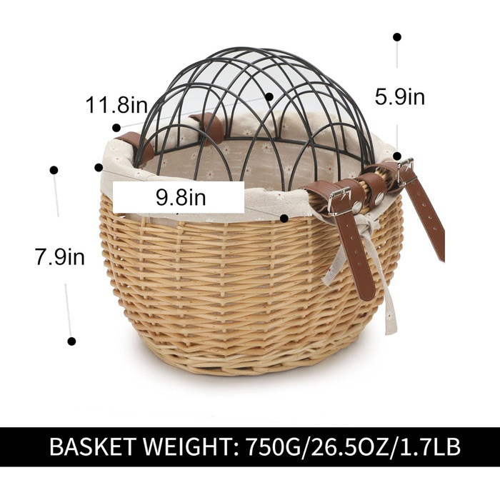Кошик для велосипеда для собак з ротангу, 56 x 36 см, з металевою сіткою - кошик для тварин на багажник велосипеда