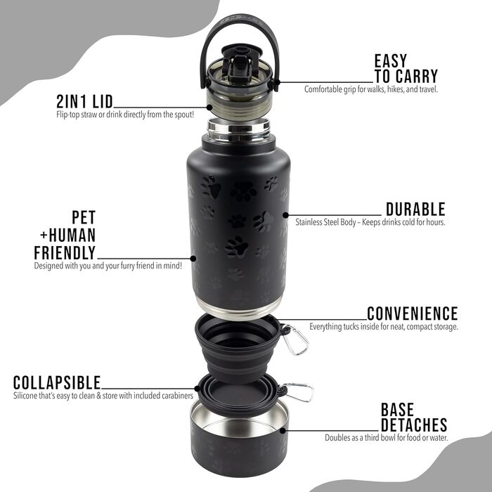 Водяна пляшка для собак Hogg Hydro Hound: портативна миска, ізотермічна, з нержавіючої сталі, чорний дизайн з відбитками лап