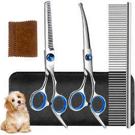 Набір професійних ножиць для собак 5-в-1: вигнуті ножиці з круглою кінцівкою, гребінець для розплутування, титанове покриття, для собак, котів та інших тварин