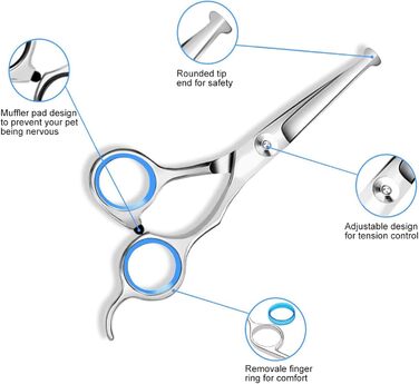 Набір професійних ножиць для грумінгу собак 9CR Edelstahl з безпечними закругленими кінцями. Комплект для стрижки та догляду за шерстю собак, котів та інших тварин. Включає ножиці для вирівнювання та розрідження шерсті, а також гребінець.