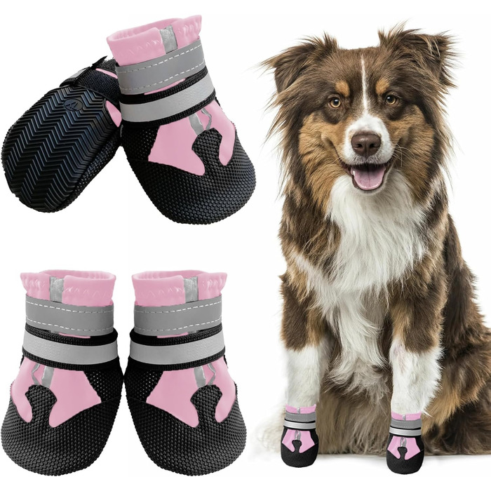 Водонепроникні собачі чоботи з антиковзкою підошвою, 4 шт. – захист лап для собак маленьких, середніх та великих порід (Рожеві, XL)