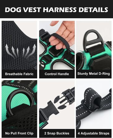 Світловідбиваючий нашийник для собак Joytale з LED, для середніх собак, без натягування, з ручкою, регульований, для нічних прогулянок, зелений, розмір M (1 шт.)