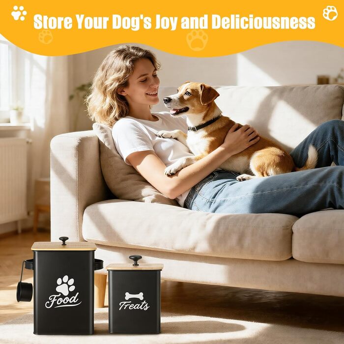 Контейнери для собачого ласощів 2 шт., Металеві контейнери для корму для собак з герметичними кришками, Чорний, 24 × 18 × 24,5 см