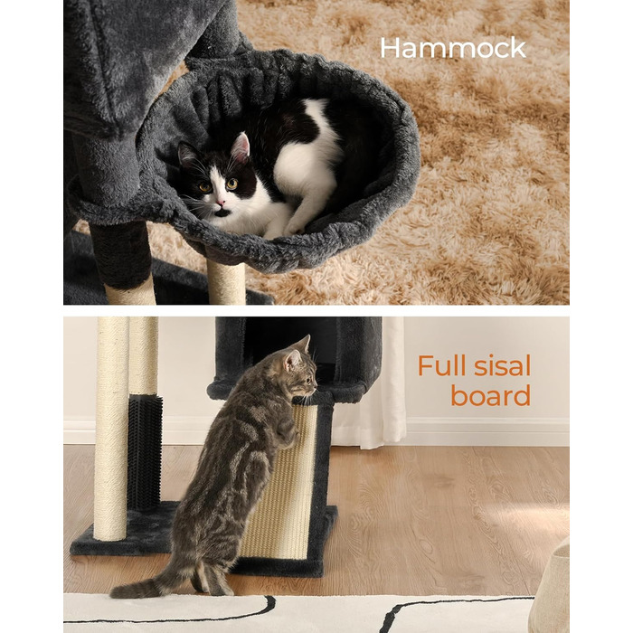 Котячий дряпак FourFurPets 156 см для дому з сизалевою драбиною, двома платформами, двома будиночками, гамаком і плюшевими м’ячиками, димчасто-сірий