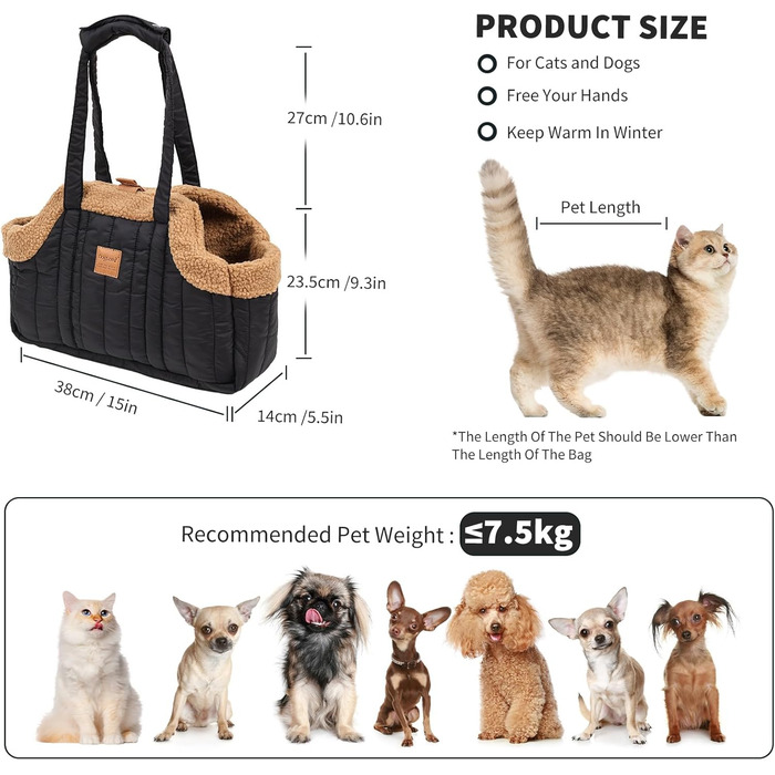 PETCUTE Сумка-переноска для собак і котів, чорна, з карабіном, складна, для маленьких тварин