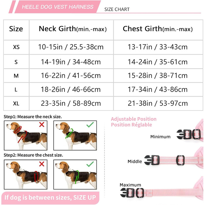 Шлейка для собак HEELE без натягу, для маленьких собак, регульована світловідбиваюча шлейка, дихаюча шлейка з м'якою ручкою, No-Pull Dog Harness, світло-рожева, S, обхват грудей: 35-61 см