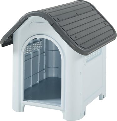 Будник для собак Outdoor Bello від en.casa: водонепроникна будка з дахом-люком, вентиляцією та піднятою підлогою, пластикова (Білий/Сірий, 75 x 59 x 66 см)
