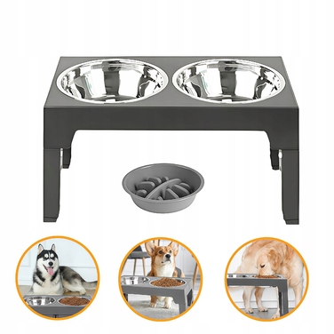 Подвійна металева миска для собак на регульованій підставці 2в1 (захист від розбризкування)