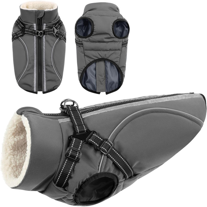 Теплий зимовий одяг для собак Citétoile: куртка з блискавкою, вітрозахисна, з відбиваючими смугами та нагрудником (сірий, M)