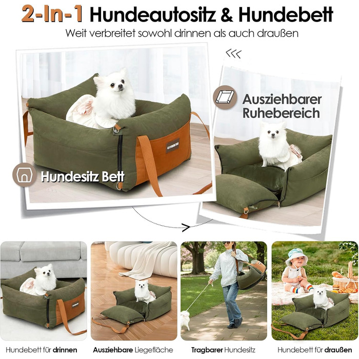 Автомобільний лежак для собак маленьких та середніх порід (до 15 кг), з висувною зоною відпочинку, знімний та пральний, з кишенями та ременем безпеки, зелений