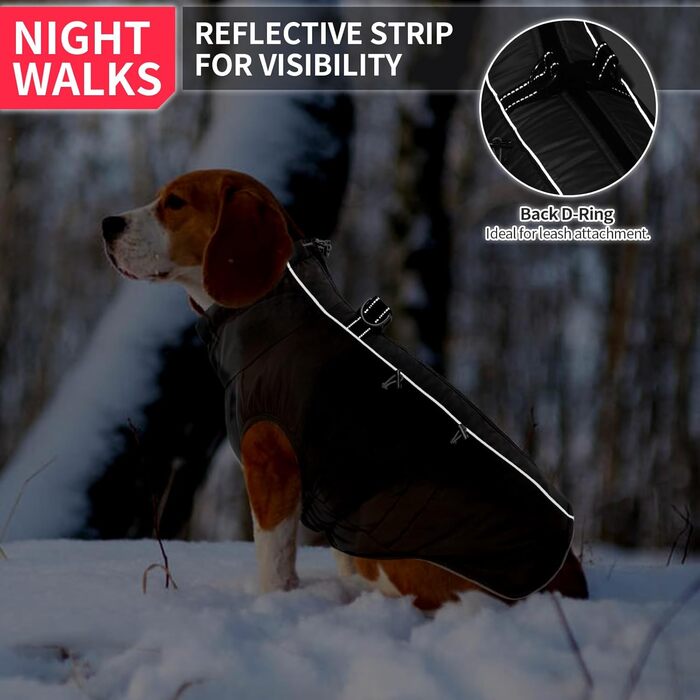 Водонепроникний зимовий одяг для собак, тепла куртка для собак з отвором для шлейки, для малих, середніх та великих собак, з відбиваючими смугами та блискавкою - чорний, XS