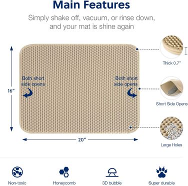 Килимок для котячого туалету WePet, мат для котячого лотку – середній розмір, стільникова структура, двошаровий килимок, без фталатів, для контролю сечі та води, легко миється, контроль розсипання, 61 x 38.1 см, бежевий