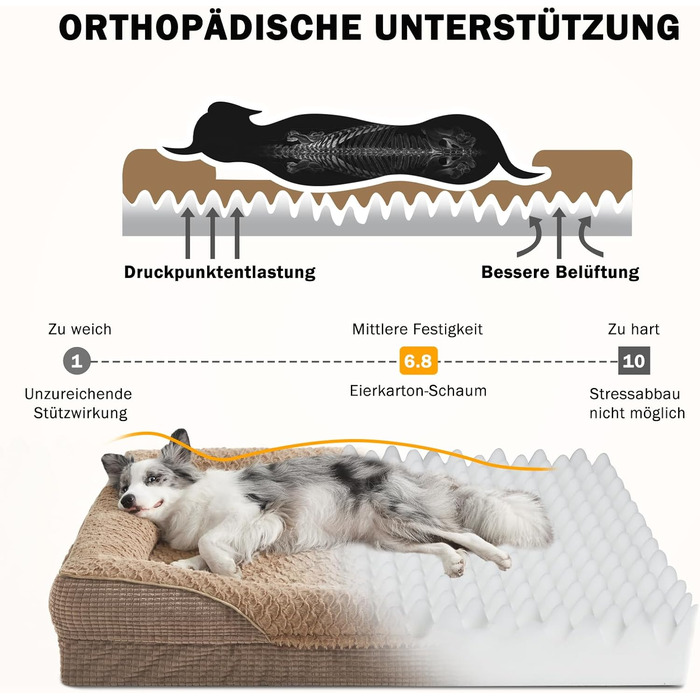 Ортопедичне ліжко для собак FURTIME, середнього та великого розміру, з піною з пам'яті, знімний та миючий кошик для собак, антиковзаючі ліжечка для собак, диван для собак з високим бортиком, 89 x 64 x 18 см (XL(107x81x19cm), Колір: Коричневий)