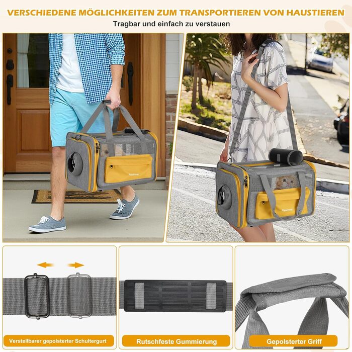 Транспортна переноска Pawinner для котів та собак, 45x33x33 см, з візком для авто та літака, складана, дихаюча, до 9 кг (Сірий, Світло-жовтий)