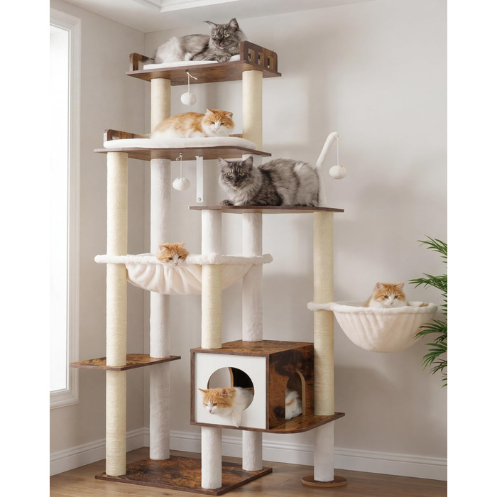 Дерев'яний котячий комплекс Heybly Kratzbaum HCT121WB (Vintage-Braun), 179 см, з будиночком, гамаком та сизалевими стовпчиками